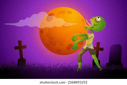 Playful cartoon illustration of a zombie strolling through a cemetery on a full moon night, perfect for Halloween-themed content, children's books, and holiday decorations