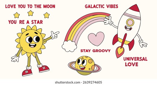 Playful cartoon illustrations featuring space elements and positive messaging including sun rocket and planet characters