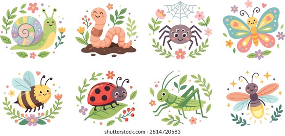 Playful cartoon insects and small creatures surrounded by flowers and leaves, featuring snail, worm, spider, butterfly, bee, ladybug, grasshopper, and firefly. Perfect for children’s educational materials, posters, storybooks, and creative design projects.
