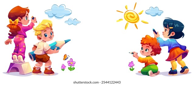 Playful cartoon kids drawing with crayon together on wall. Cute happy children create art - flowers with butterfly, sun and clouds. Girls and boys painting childish pictures for school content.