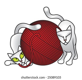 Playful Cartoon Kittens With A Giant Ball Of Yarn (Vector Available)