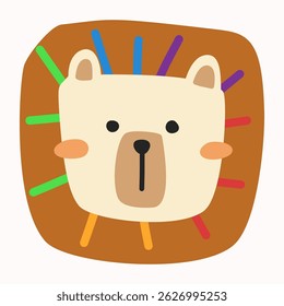 Playful cartoon lion with colorful straight mane lines. A modern and vivid animal illustration for kids’ design. Ideal for games, stickers, or digital media.