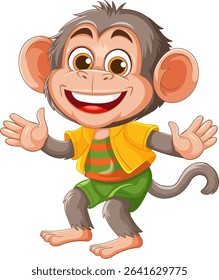Playful cartoon monkey with a big smile, wearing a vibrant outfit. Bright colors and friendly expression enhance its lively appearance
