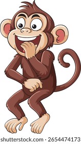 Personagem de macaco de desenho animado com rosto expressivo, boca de cobertura de mão e cauda enrolada, ilustrado em estilo vetor plano vibrante em fundo branco