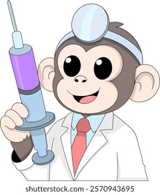 A playful cartoon monkey dressed as a doctor, holding a syringe and wearing a head mirror, creating a cheerful and engaging healthcare mascot