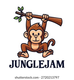"Mono de dibujos animados juguetón colgando de la rama del árbol con sonrisa feliz y cola rizada. Divertida ilustración de personajes de JungleJam, Vector PNG escalable para niños, diseño de selva y aventuras".