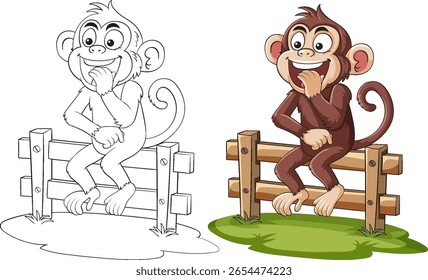 Macaco de desenho animado senta-se em uma cerca de madeira, mostrada em estilos coloridos e contornos, com cores brilhantes e linhas vetoriais limpas