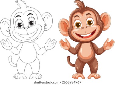 Playful cartoon monkey with vibrant colors and expressive features. Includes both colored and outline versions for versatile use
