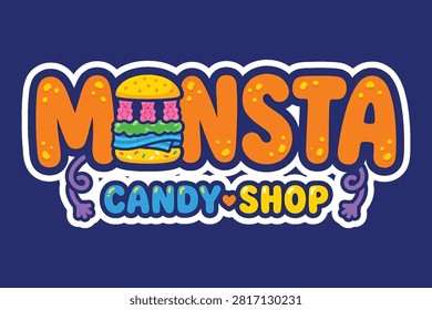 Playful Cartoon Monsta Candy Shop Logo Featuring A Fun Burger Design With Gummy Bears And Vibrant Bubble Letter Typography