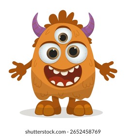 Playful cartoon monster with three eyes and purple horns, smiling joyfully. Bright orange character with a friendly expression. Perfect for children s themes and Halloween designs.