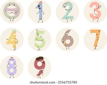 

Playful cartoon numbers (0-9) with unique characters, pastel colors, educational design