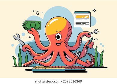 A Playful Cartoon Octopus with Money and Tools: A Whimsical Marine Character Perfect for Fun Illustrations