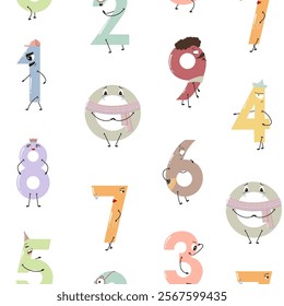 Playful cartoon pattern of numbers as unique characters in pastel colors, educational design