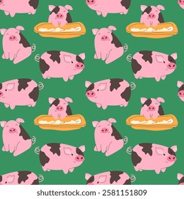 Playful cartoon pink piggies seamless pattern on green background