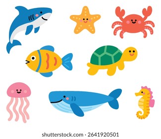 Playful Cartoon Sea Animals Collection on White Background