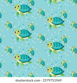 Playful Cartoon Sea Turtles on Light Blue Background with Decorative Dots