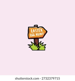 Un signo de dibujos animados juguetón que lee la búsqueda del huevo de Pascua, establecido sobre un fondo rosa suave. El letrero de madera naranja brillante con hierba verde evoca una celebración de primavera alegre y familiar ideal para proyectos temáticos de Pascua.