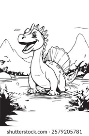 A playful cartoon spinosaurus standing in shallow water surrounded by a prehistoric jungle. The black-and-white illustration features a cheerful dinosaur.