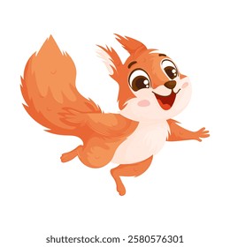 A playful cartoon squirrel with a bushy tail jumping energetically, showcasing a wide smile and cheerful expression on a white background. Happy Cartoon Squirrel Jumping in Joy