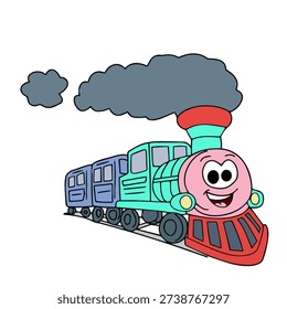 Playful cartoon steam engine train featuring a friendly smiling face and colorful passenger cars. Designed in bright pink, teal, red, and blue tones with flat shapes and clean outlines, this cheerful locomotive illustration is perfect for children’s books, nursery decor, toy packaging, and educational materials.