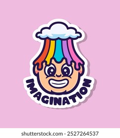 Playful Cartoon Sticker Design Featuring a Happy Character with Rainbow Dripping Hair and the Word 'Imagination' in Bold Font, Perfect for Kids' Decor or Creative Projects