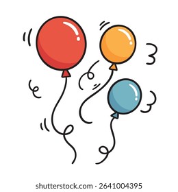 Playful cartoon style illustration of red, orange, and blue balloons floating with curly strings. Perfect for birthday, celebration, festival, or kids party design projects.