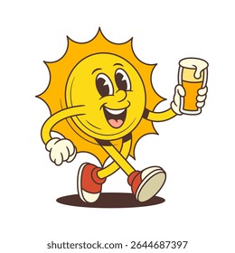 Playful cartoon sun character with vintage gloves and sneakers walking happily with a beer glass in hand. Ideal for summer events, bar menus, posters, and festival branding. Vector illustration