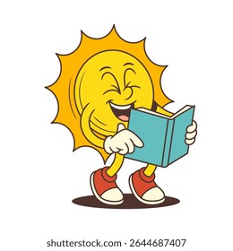 Playful cartoon sun mascot laughing with eyes closed while reading a book. Suitable for education, children’s content, summer learning themes, and storytelling projects. Vector illustration