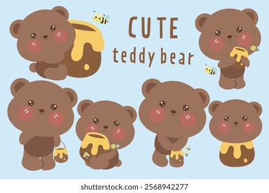 Playful Cartoon Teddy Bears with Honey