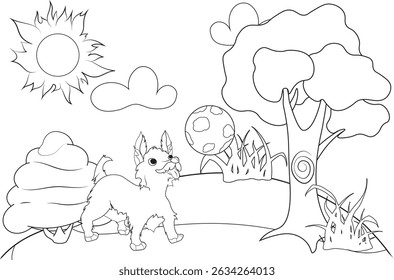 Brincalhão terrier cachorro com uma bola, árvores, nuvens e sol em uma cena ao ar livre. Página de coloração vetorial de arte de linha simples para crianças.