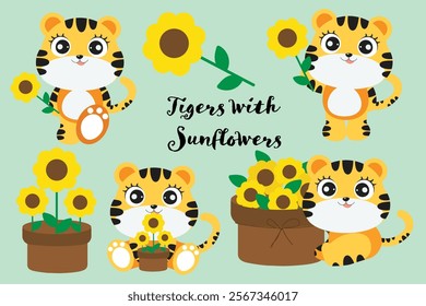 Playful Cartoon Tigers with Sunflowers
