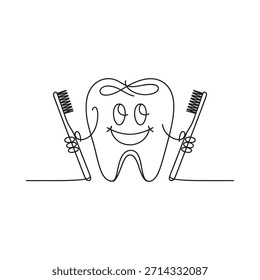 Un juguetón diente de dibujos animados con dos cepillos de dientes dibujados como una línea continua