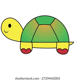 Tartaruga de desenho animado com uma concha verde gradiente, cabeça e membros amarelos brilhantes, e pés de ponta vermelha. Ótimo para livros infantis, materiais educacionais e designs para a família.