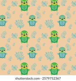 Playful Cartoon Turtles and Blue Coral Repeating Pattern