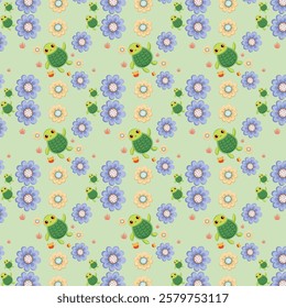 Playful Cartoon Turtles and Colorful Flowers Seamless Pattern