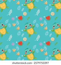 Playful Cartoon Turtles, Flowers, and Cheerful Elements on Teal Background