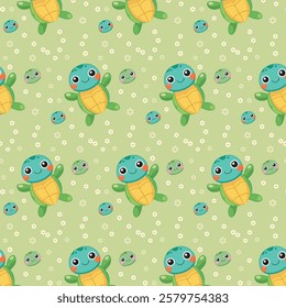 Playful Cartoon Turtles, Flowers, and Cheerful Elements Seamless Pattern