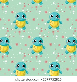 Playful Cartoon Turtles with Flowers on Light Green Background