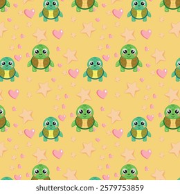 Playful Cartoon Turtles, Hearts, and Stars on Light Yellow Background