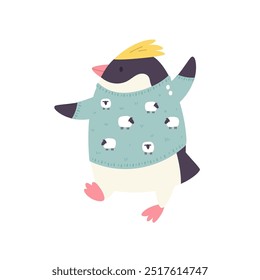Playful cartoon vector illustration of a dancing penguin in a knitted sweater. Cute Antarctic bird drawing isolated on white background