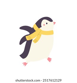 Playful cartoon vector illustration of a penguin in scarf on white background. Cute Antarctic bird drawing