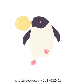 Playful cartoon vector illustration of a penguin chewing bubble gum. Cute Antarctic bird drawing isolated on white background