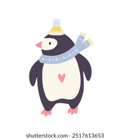 Playful cartoon vector illustration of a penguin in scarf and hat on white background.