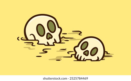 Playful Cartoon Vector Illustration of Two Cute Skulls Floating in Muddy Yellow Background