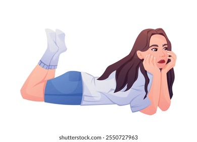 Playful cartoon Vector isolated Illustration of a Girl Lying Casually lying on her stomach and holding her head with her hands.