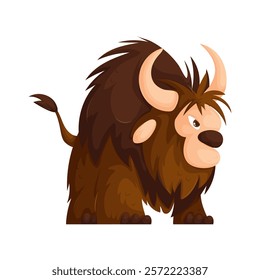 Playful cartoon yak with large horns and thick shaggy fur, illustrated in a colorful and cheerful style on a white background. Cartoon Yak Illustration with Shaggy Fur