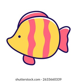 A playful, cartoonish fish, full of bright color, swims in the animated water, a cheerful sight.