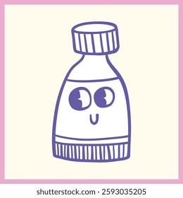 Playful cartoon-style illustration of a bottle with a happy face and big expressive eyes, outlined in purple on a pastel background, Vector Illustration