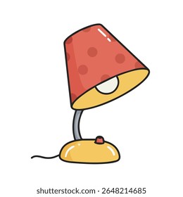 Ilustração divertida, em estilo de desenho animado, de um abajur de mesa com um abajur vermelho com bolinhas, interior amarelo e base amarela, ideal para decoração de casa, iluminação ou temas de escritório
