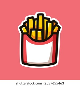 Playful cartoon-style illustration of golden French fries in a red and white container against a pink background. Perfect for food designs, branding, and creative projects